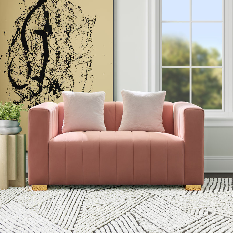 Causeuse à accoudoirs carrés en velours 62,6 po avec 2 coussins Clifford, rose, canapé moderne capitonné pour le salon, rose