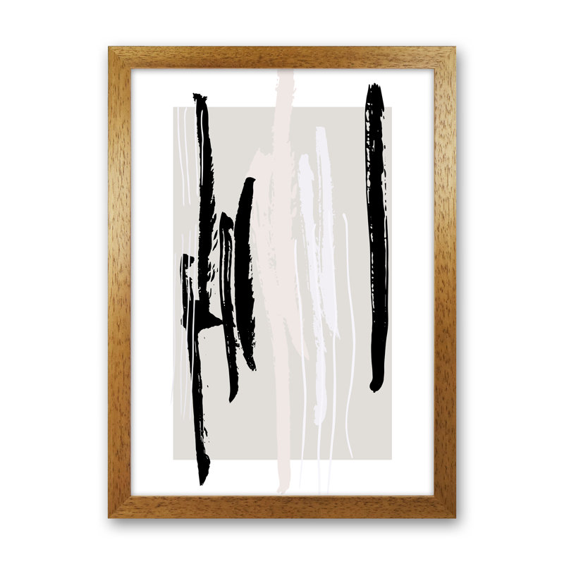 Abstracts Pennellate Linee Grey White Black3 by Planeta444 - Print, 34cm H x 25cm W x 3cm D, Brown Framed