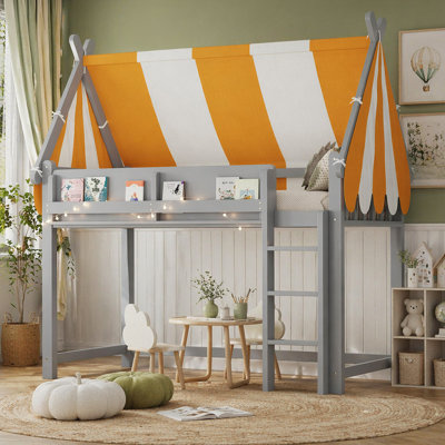 Twin Size Loft Bed with Canopy, LED Lights & Book Shelf, Gray