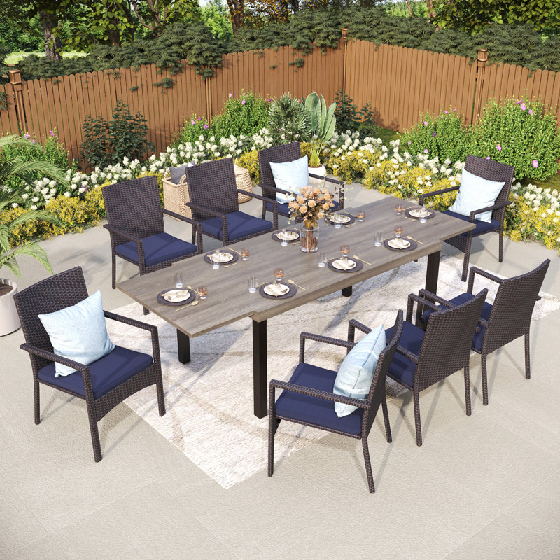 Rectangle Outdoor Patio Dining Set Wooden-look Expandable Heavy Duty Metal Table With Cushioned Chairs, 8