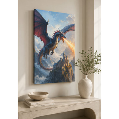 Grand dragon cracheur de feu, impression sur toile 24 x 36 pouces, décor de château majestueux, œuvre de dragon majestueux pour le salon, la chambre à coucher et la salle de jeux - prêt à être accroché