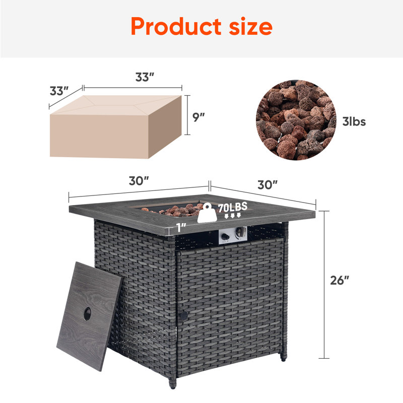 Betonia 30" Square Propane Gas Fire Pit Table, 55000 Btu All-Weather Wicker Fireplace For Patio Deck Garden Backyard, Gray