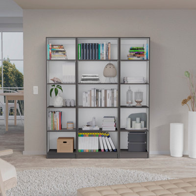 Ensemble de bibliothèque 3 pièces, 60 po de large avec 15 tablettes, ensemble de salon gris mat - blanc