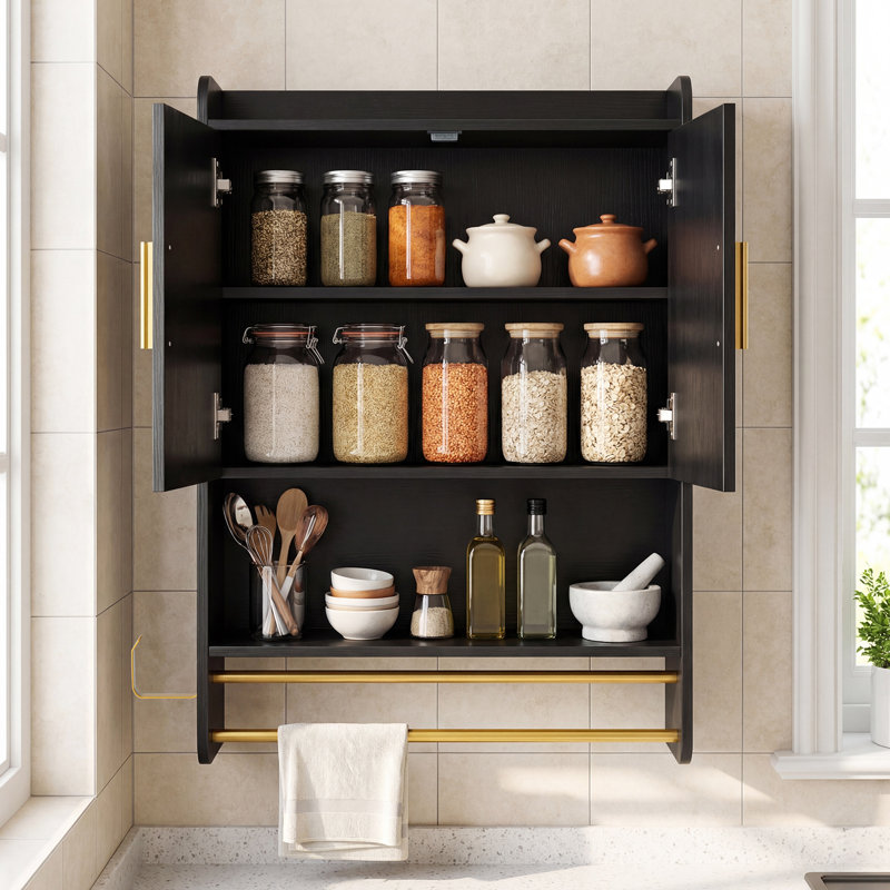 Armoire murale de salle de bain avec barres à serviettes, porte-papier hygiénique, tablette réglable noire