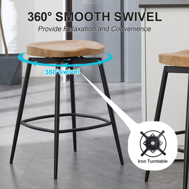 Lennon 63.5cm Swivel Counter Stools Solid Wood Saddle Seat with Steel Frame and Footrest, Brown