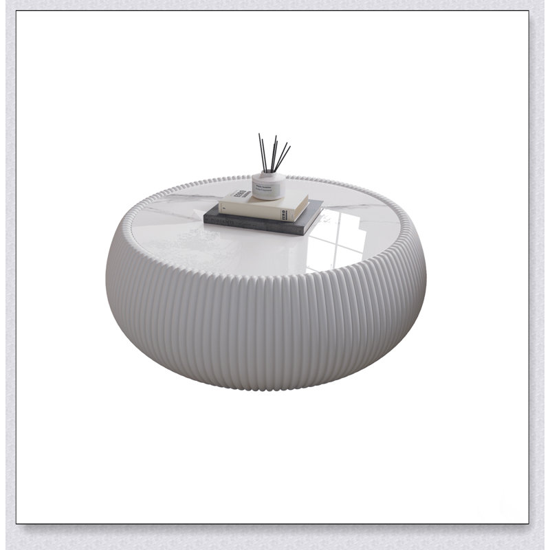 Luxurious Light Marble Top Drum Shape Leather Coffee Table For Modern Living Room Furniture, Beige