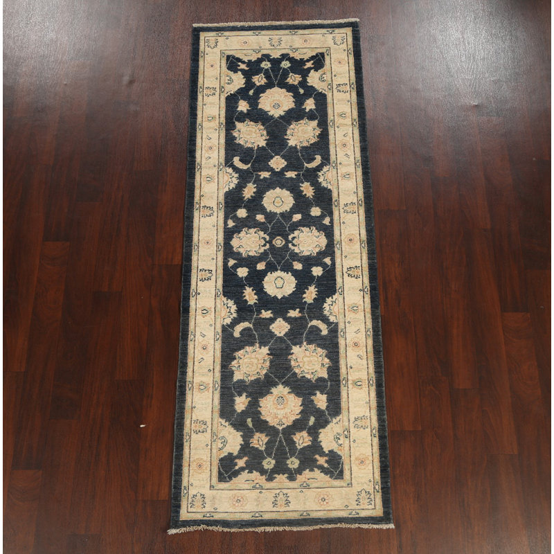 Tapis de couloir unique en laine noué à la main bleu marine / beige nouvel âge 2 pi 9 po x 8 pi