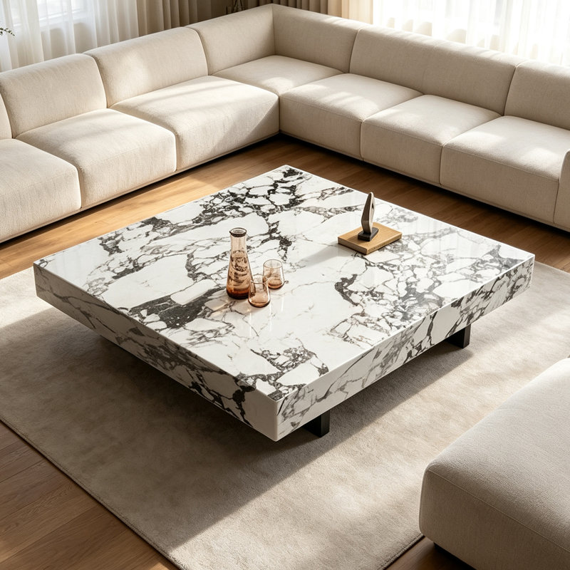Table basse Italian Minimalist, 11.81" H x 31.49" W x 31.49" D, White/Black/Grey