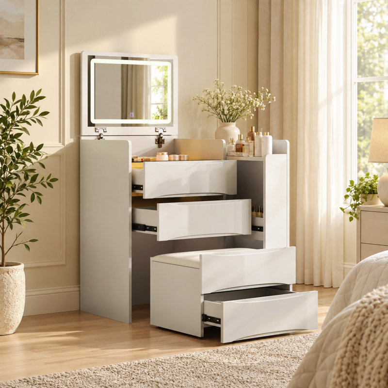 Coiffeuse 3 en 1 avec plateau rabattable, éclairage DEL, rangement et tabouret pour chambre à coucher, White