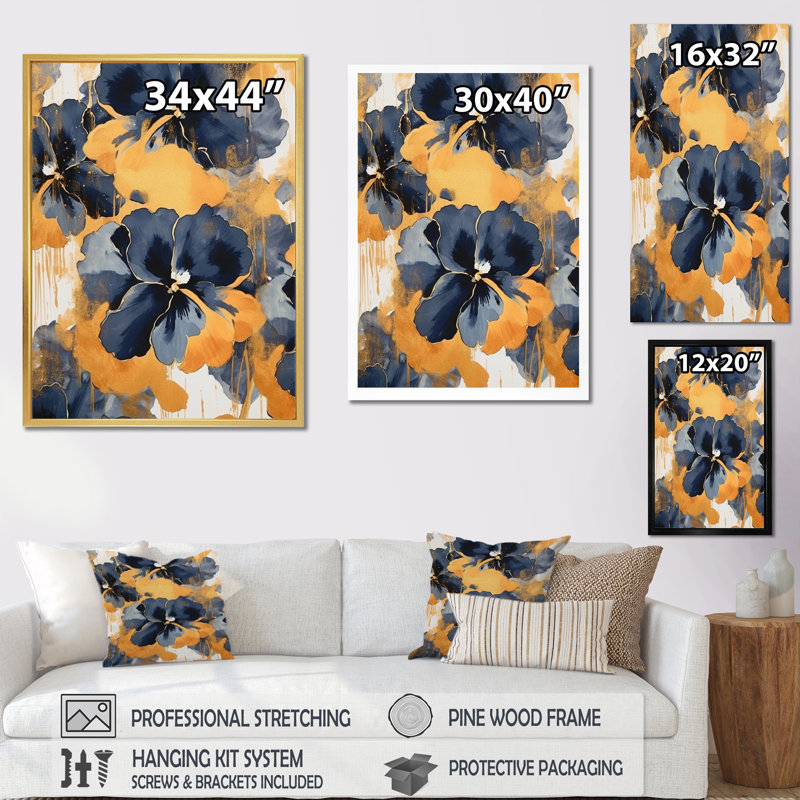 «Black and Yellow Minimalisme Pansies II», reproduction sur toile, H 32 po x l 24 po x P 1 po, Cadre photo noir simple
