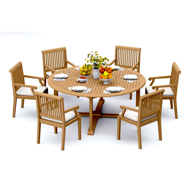 6 Seats 7 Pcs Grade-A Teak Wood Dining Set: 72" Round Table And 6 Sack Arm Chairs #11SK1706, 6