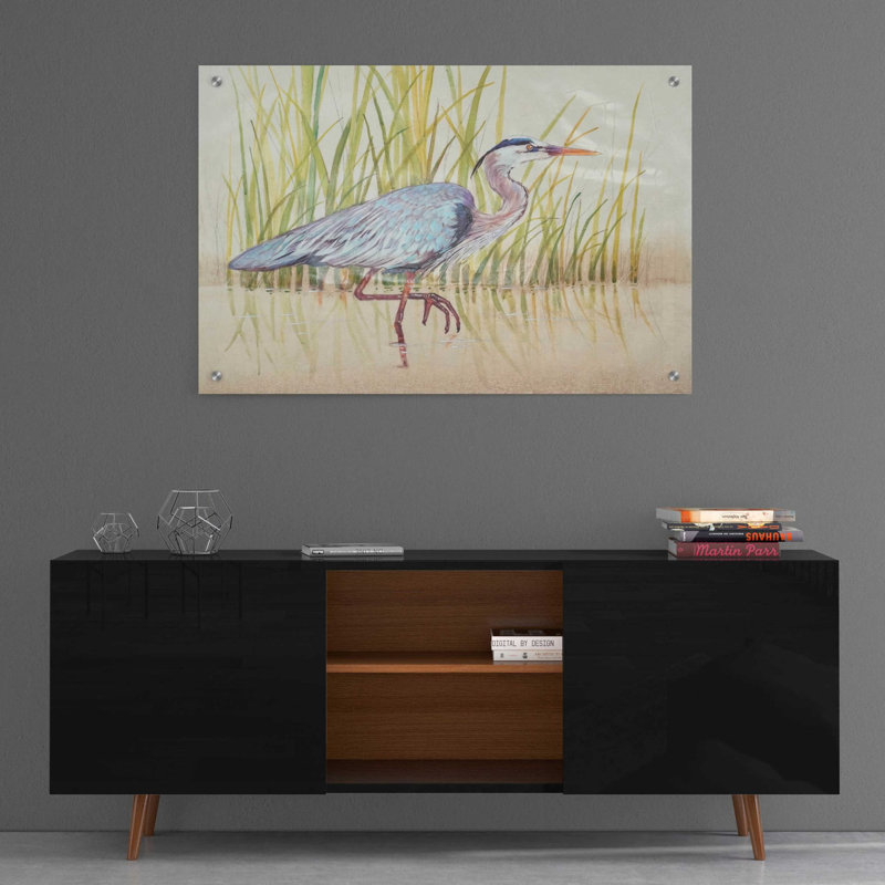 «Heron & Reeds I» par Tim O'Toole, art mural en verre acrylique, H 24 po x l 36 po x P 0,2 po