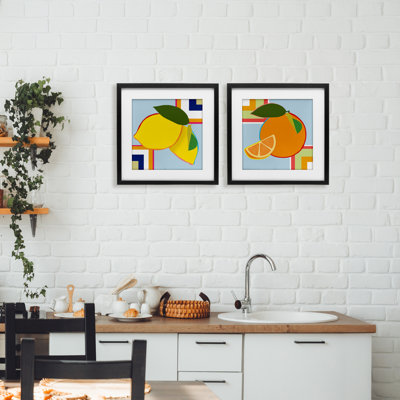 Geometric Citrus Fruit 2pc Framed Print Under Glass Set, design by Daniela Santiago