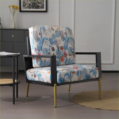 Chaise d'appoint en velours rétro à imprimé floral bleu ciel Mid-Century, structure en bois d'hévéa avec pieds en métal doré pour balcon, adultes