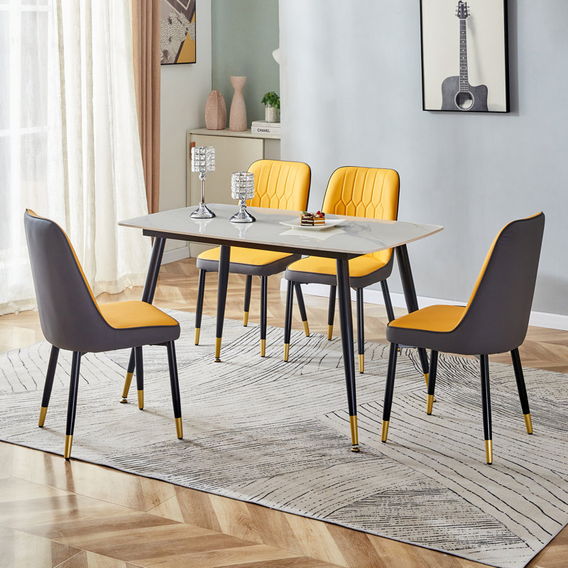 Ensemble de salle à manger 5 pièces 50 "avec chaises rembourrées Contemporary, Jaune, Blanc