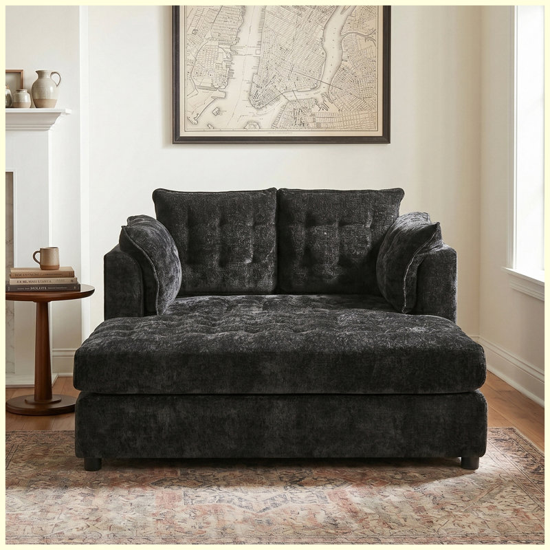 Causeuse | Canapé moderne 2 places avec coussins décoratifs noir, Black Chenille