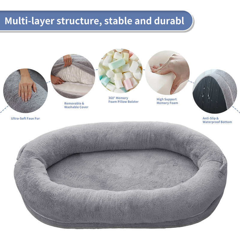 Lit pour chien humain, lit pour chien géant de 72 po pour adultes et animaux de compagnie, grand lit à billes lavable pour les humains
