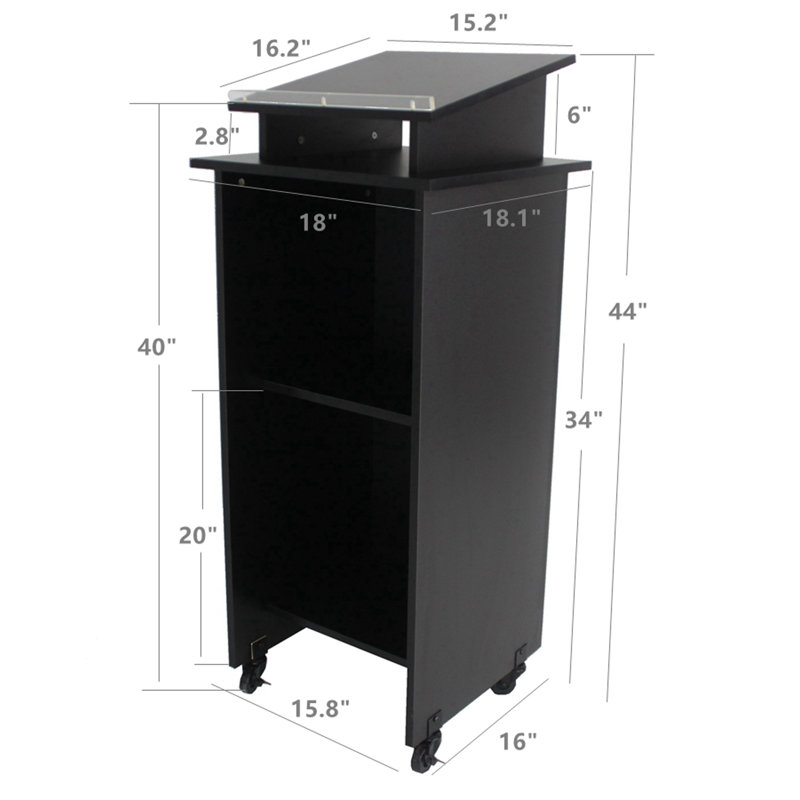 Black Wood Mobile Podium with Wheels and Storage