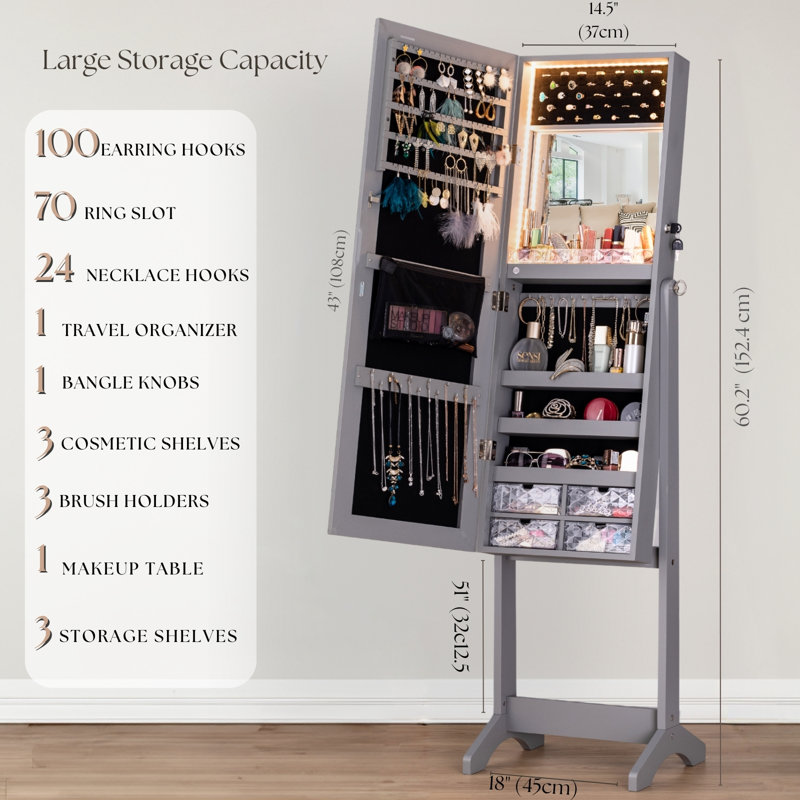 Armoire à bijoux avec miroir Marquisia, Gris