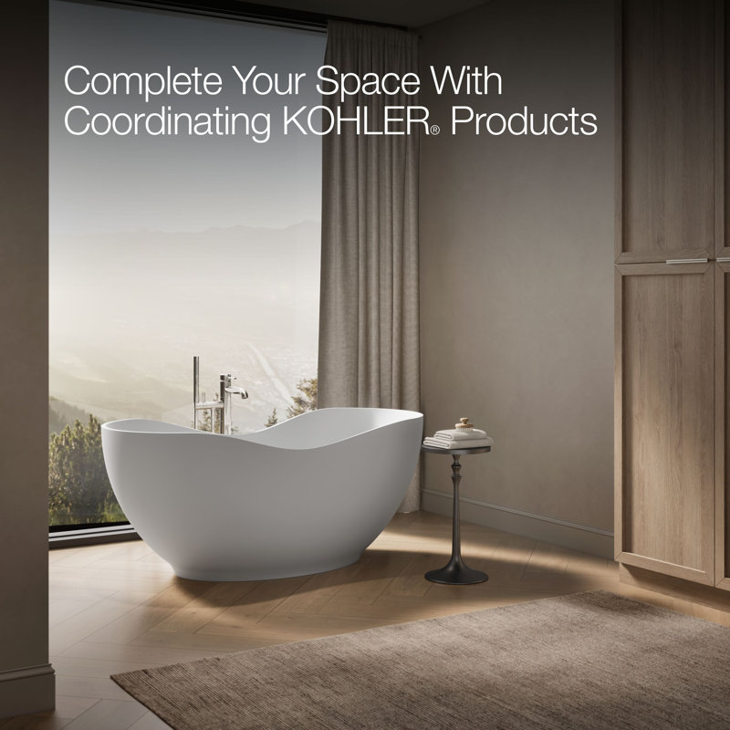 Abrazo® 66-in X 32-in Freestanding Bath with Center Toe-Tap Drain, Honed White