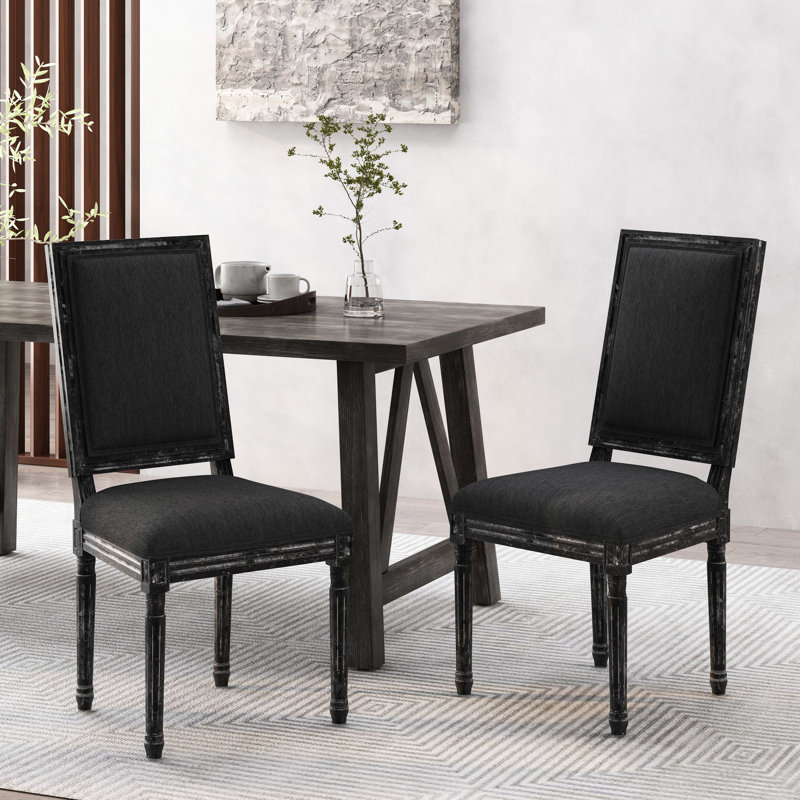 Chaises de salle à manger rembourrées en tissu noir - d'inspiration champêtre, rectangulaires, pieds cannelés, de 2