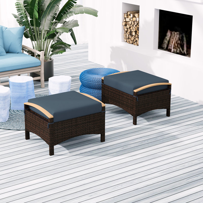 2 Pieces Wicker Outdoor Ottoman Footstool, Removable Cushion, Blue