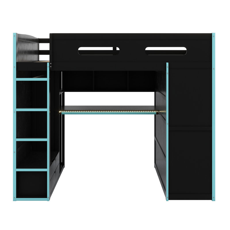 Wood Loft Bed With Desk,Wardrobe,Ample Storage Space,And RGB LED Light, Cloud Blue