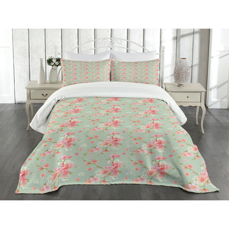 Ambesonne Flowers Bedspread Set Retro Spring Blossoms Mint Pink