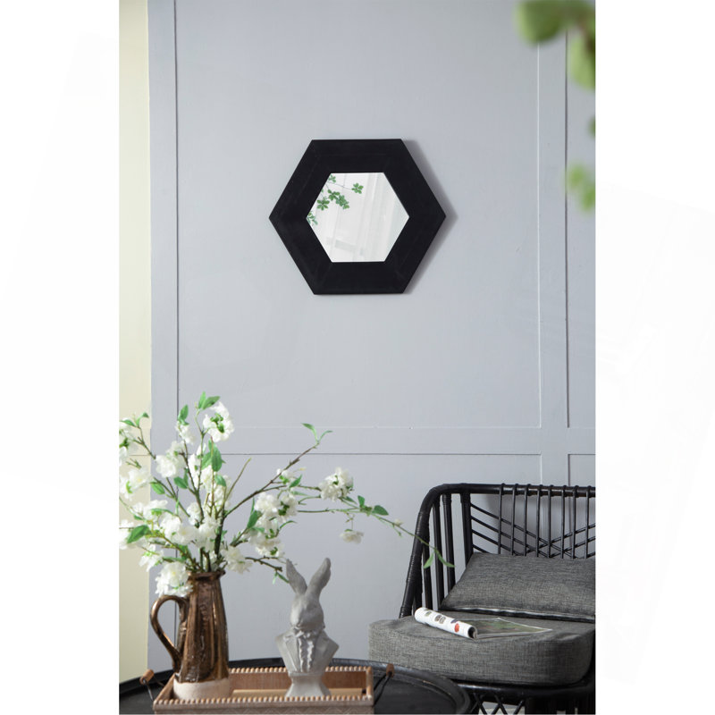 Miroir hexagonal polyvalent avec cadre en bois robuste pour tous les espaces, Noir