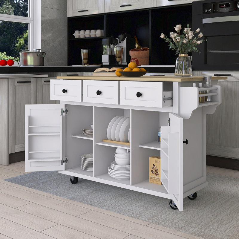 53.1" Rubber Wood Drop-Leaf Countertop Kitchen Cart With 5 Wheels With Storage Cabinet And 3 Drawers, White