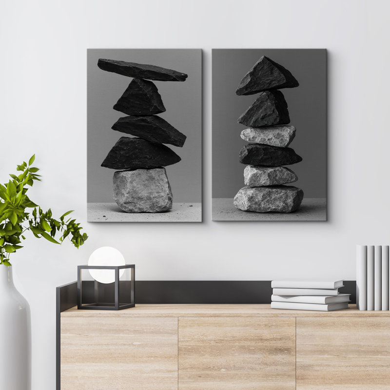 Zen Stone Balance Black and Gray Minimal Nature - Reproduction d'art sur toile encadrée 2 pièces, H 24 po x l 32 po