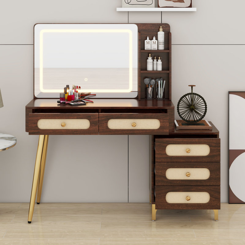 Rattan Makeup Vanity Desk with LED Lighted Mirror, Vintage Dressing Table with 5 Drawers and Storage Shelf, Brown