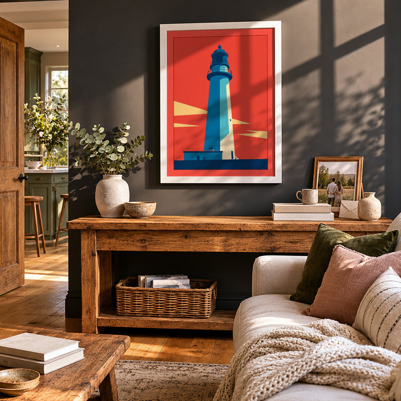 Lighthouse at Dawn Geometric - Framed Print, A2 - 59.4 x 42.0 cm, White