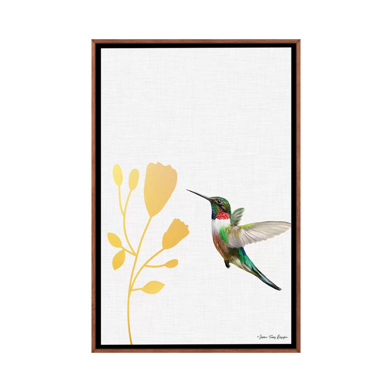Colibri et la fleur - reproduction d'art, H 26 po x l 18 po x 1,5 po, Toile avec cadre en bois brun, Aucun mat