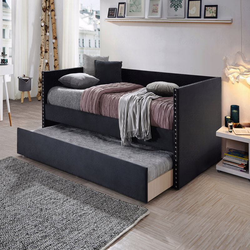 1Pc Modern Daybed Tufted Nailhead Trim Armrest Pull Out Trundle Bedroom Living Room Furniture, Gray