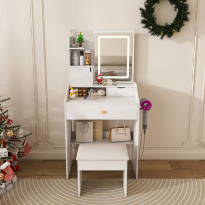 Miroir de coiffeuse 3 couleurs à DEL avec tabouret, coiffeuse pour la chambre à coucher, 2 tiroirs et 5 armoires de rangement (4 ouvertes + 1 cachée), éclairage réglable