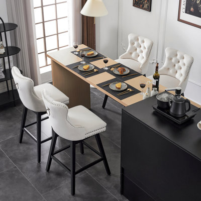 Counter Height Swivel Stools with Back, Upholstered Kitchen Island Chairs, Solid Wood Frame with Nailhead Trim, Set of 4