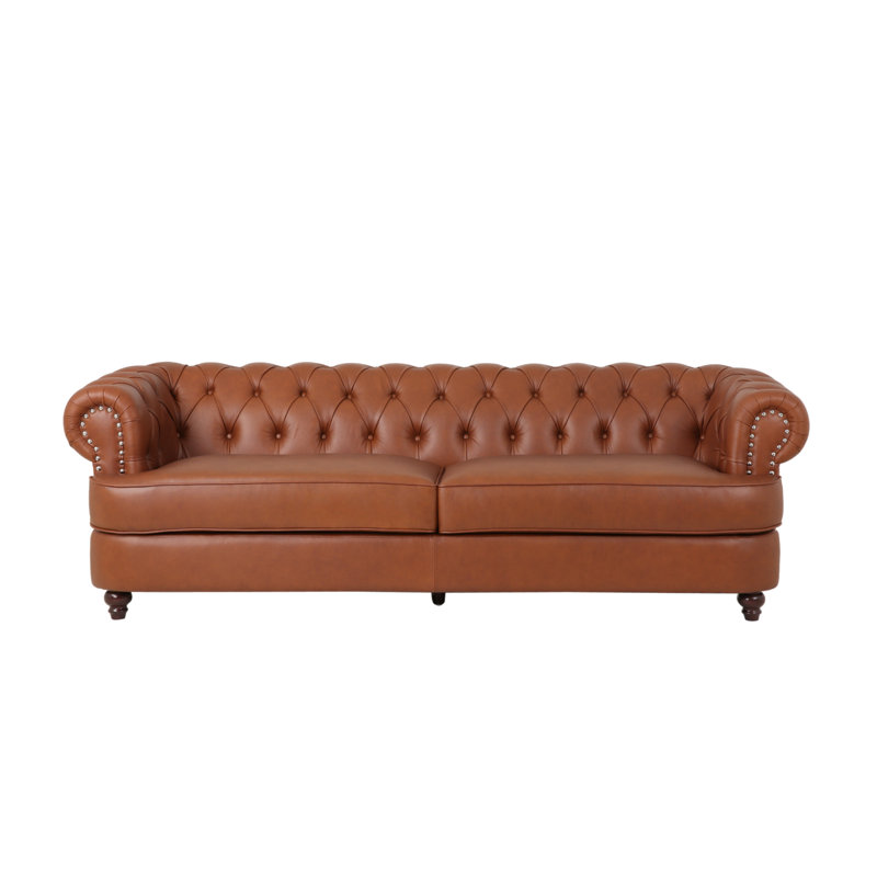 Canapé Chesterfield 94,75 po en cuir véritable avec accoudoirs, Cognac