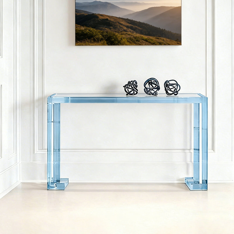Console en verre transparent avec plateau en acrylique, Bleu, H 31,5 po x l 39,37 po x P 11,81 po