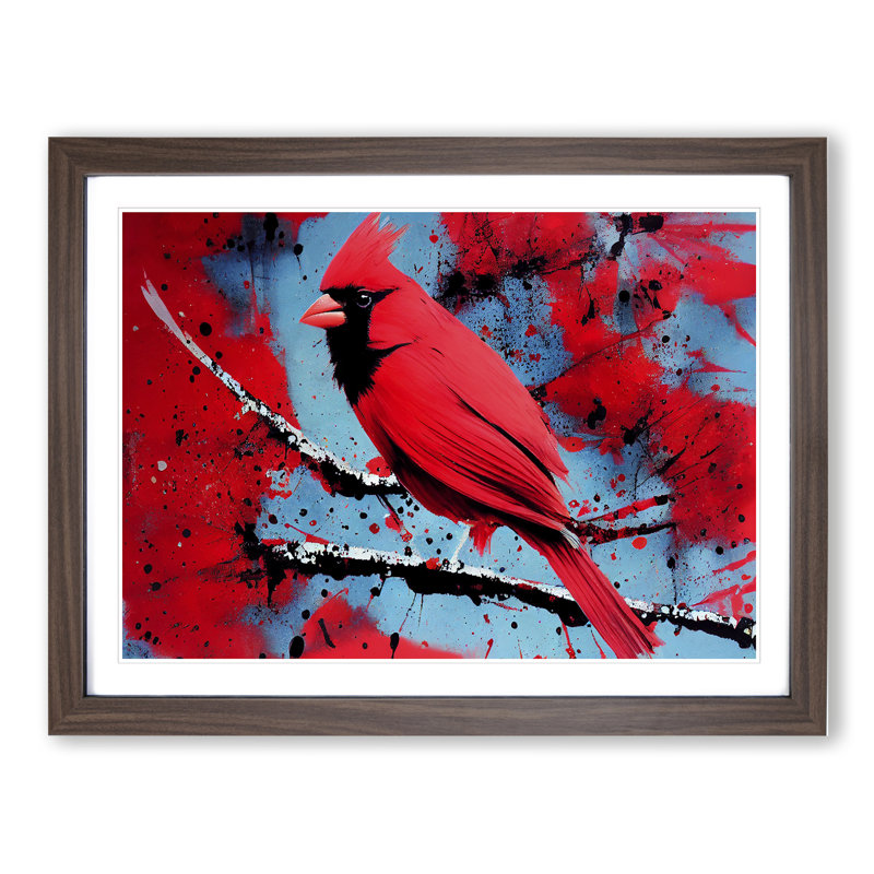 Cardinal Bird Splash Vol.2 Abstract - Single Picture Frame Painting, 25cm H x 34cm W x 2cm D, Walnut Framed