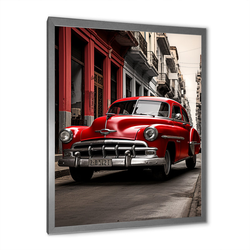 «Red Cuban Car Heritage» sur toile, H 32 po x l 16 po x P 1 po, Cadre simple argenté
