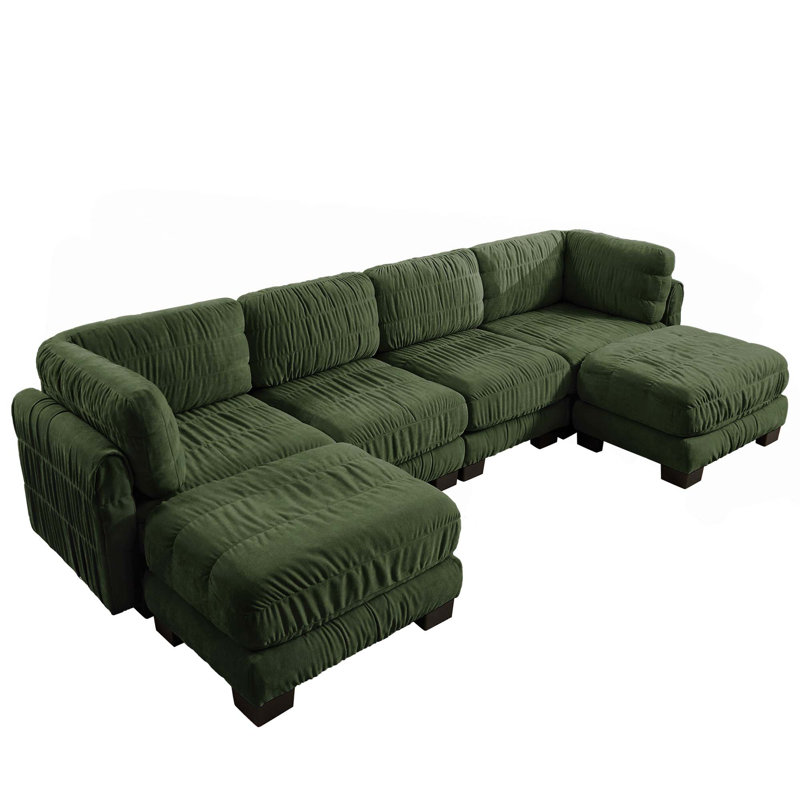 Canapé d'angle modulaire 4 places en chenille à détails froncés, 2 poufs amovibles, mousse haute densité, coussins de dossier épais