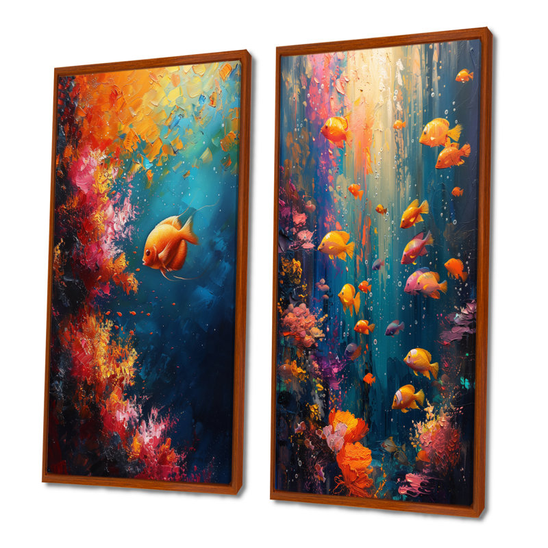 Bleu, orange, corail, poisson marin, vie I - ensemble d'art mural 2 pièces corail, H 28 po x l 24 po, Impression encadrée