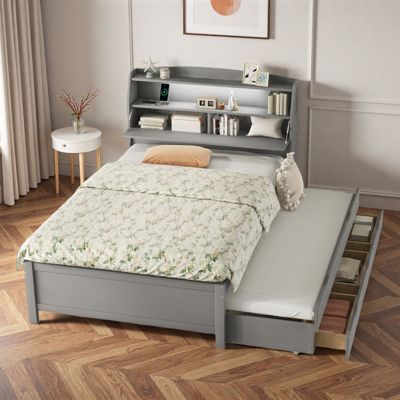 Lit plateforme en bois avec lit gigogne, tête de lit, tiroirs, prises à DEL et prises USB, Gris, Lit double
