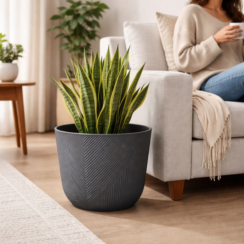 Pot de fleurs rond moderne en plastique, pot de fleurs gris ardoise de 12 pouces, décoration de porche de patio de bureau à domicile