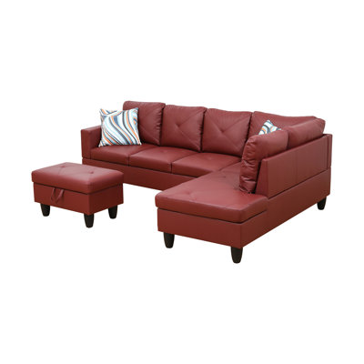Red Faux Leather 3-Piece Sectional Sofa Set with Storage Ottoman