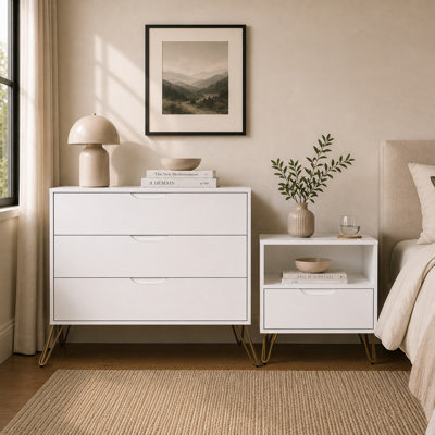 Avira 2-Piece Mid-Century Modern Dresser and Nightstand Bedroom Set in White
