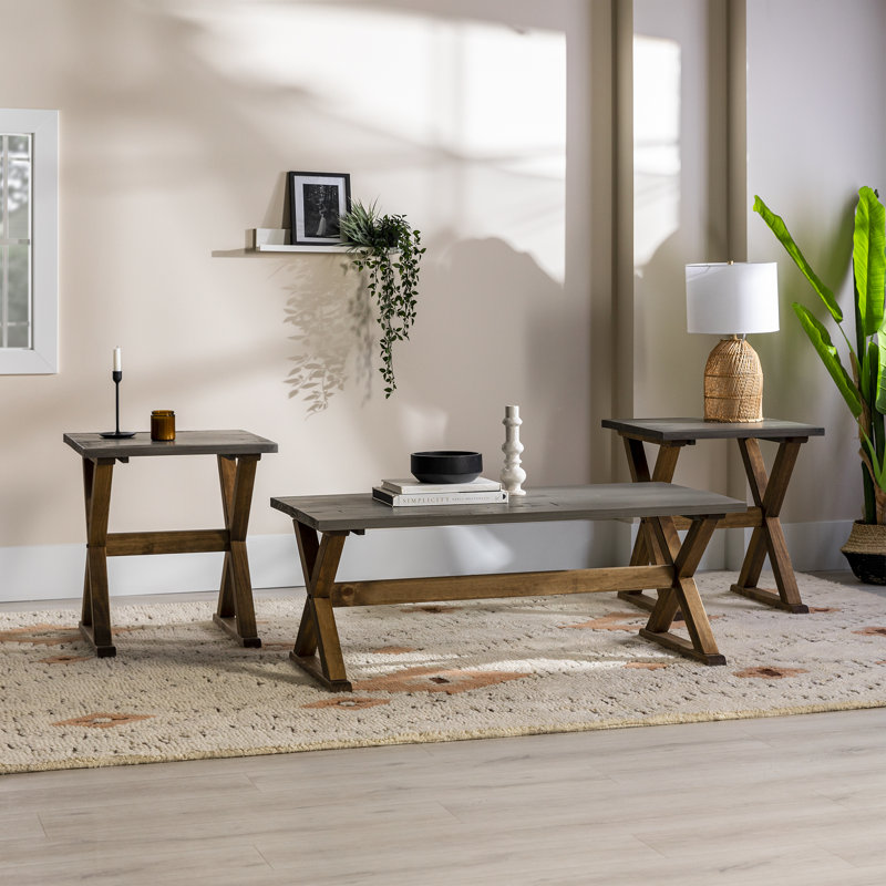 Ensemble de table en bois massif 3 pièces Kyndra, Brun, gris