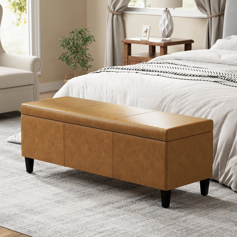 Faux Leather Upholstered Storage Bench, Brown Yellow