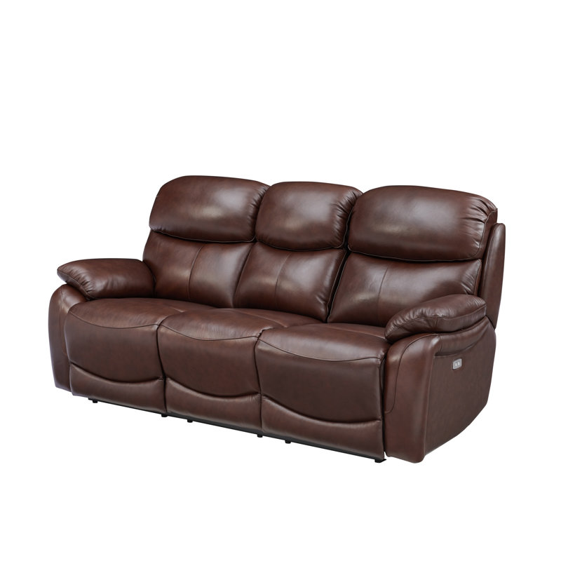 85.5''Wide Genuine Leather Pillow Arms Power Reclining Sofa With USB Charger And 2 Cup Holders, Brown
